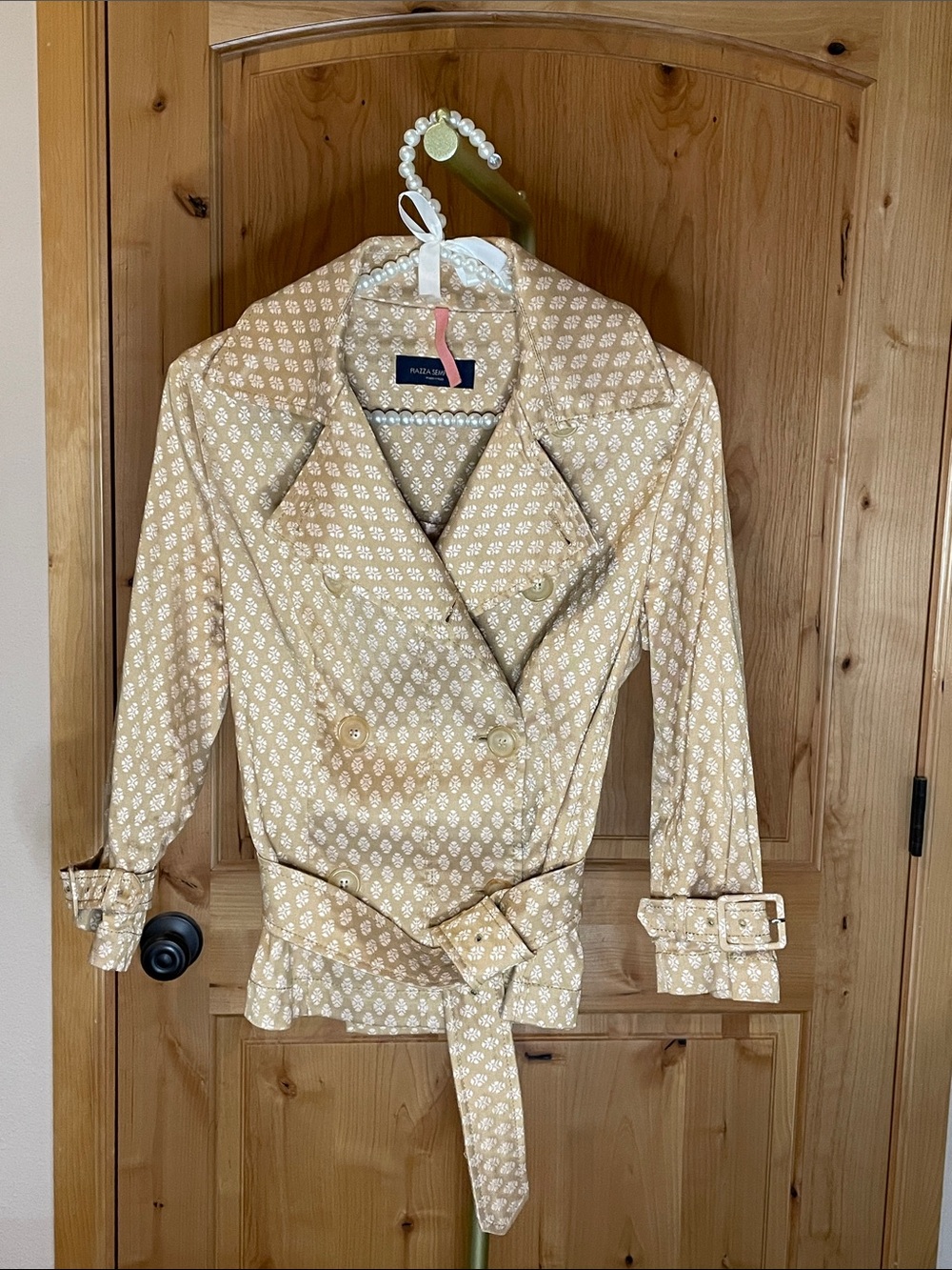 Piazza Sempione Tan Printed Double-Breasted Pea Coat. Size IT42